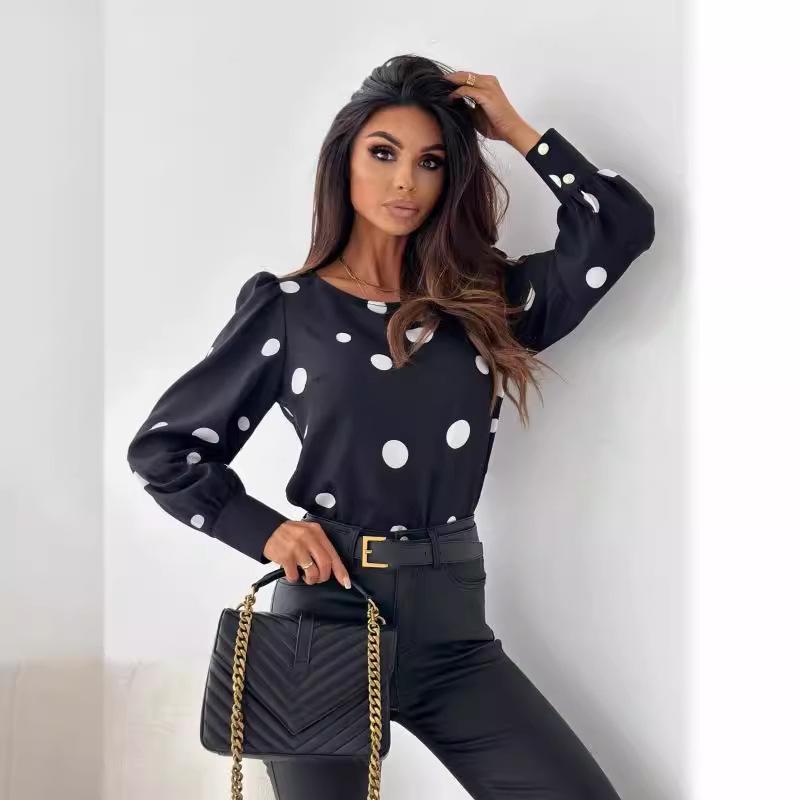 2023 Women's Autumn Polka Dot Long Sleeve Round Neck Blouse