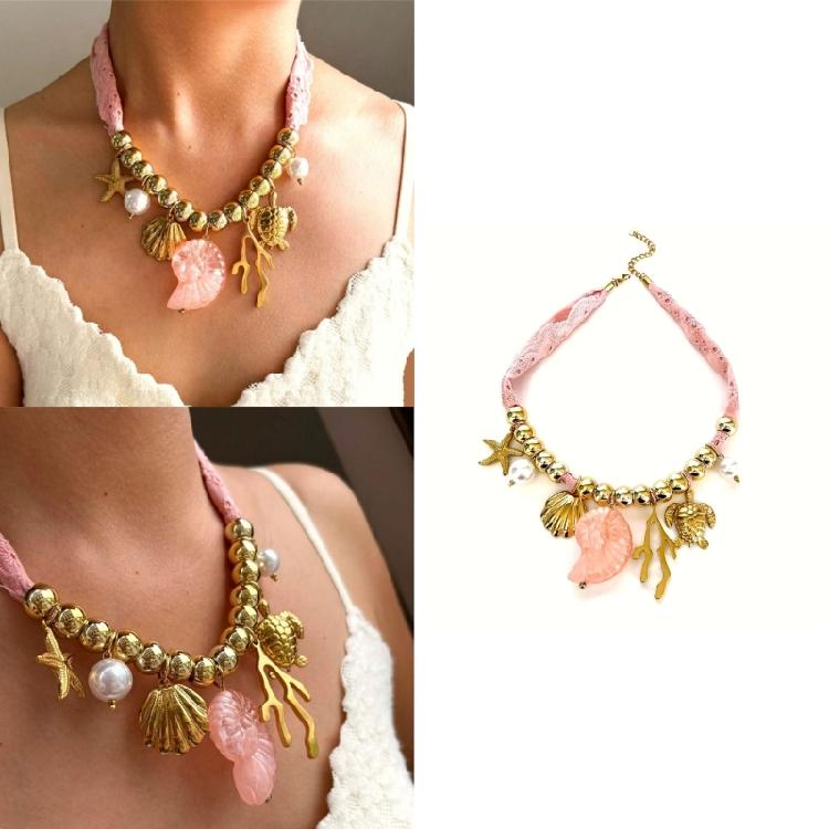 Ocean Themed Ceramic Shell And Starfish Pendant Necklace Adjustable Length Collarbone Chain Summer Gift