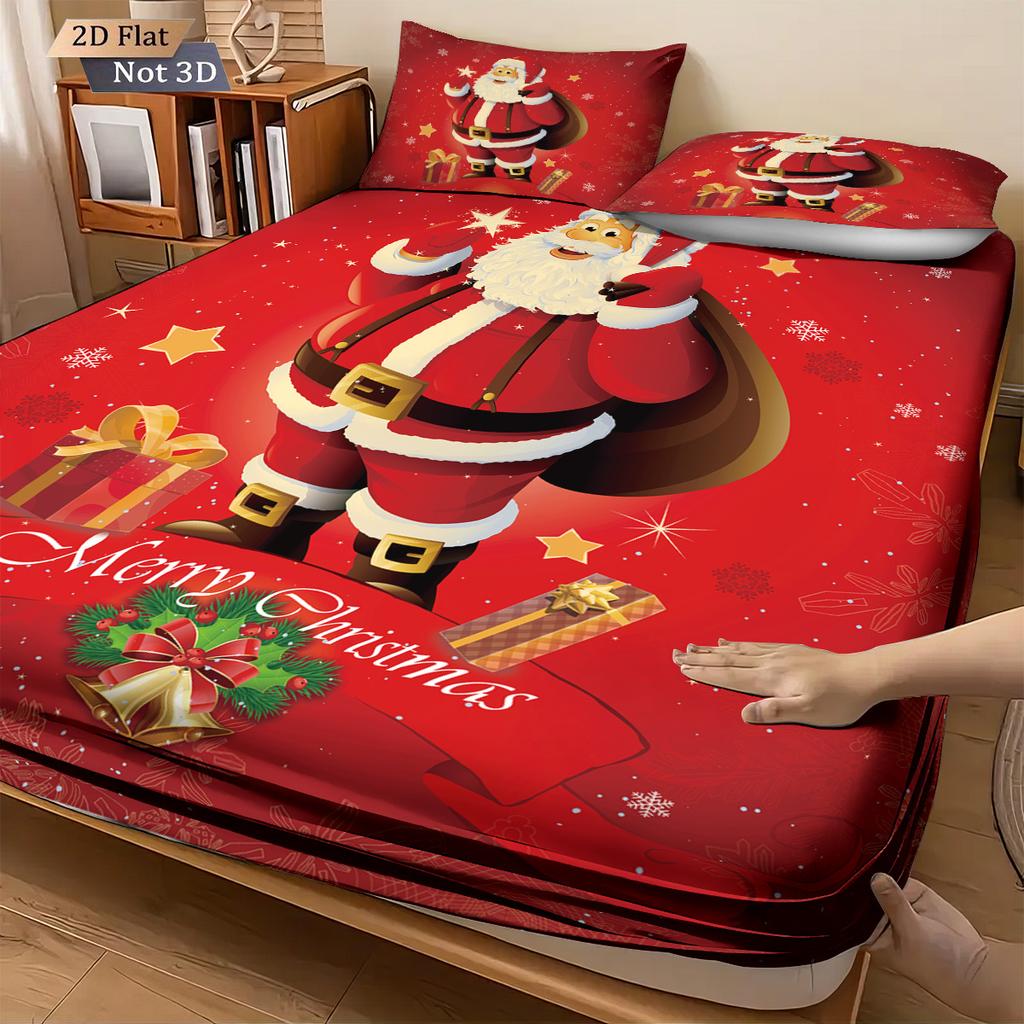 3Pcs Santa Claus Red Printed Coreless Bed Sheet Set, Multi Size Soft Bed Cover, Bedroom Bedding Decoration, Machine Washable