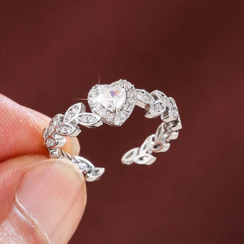 Elegant Princess-Style French Willow Leaf Heart Ring with Zirconia, Pure Copper, Open Index Finger Design.