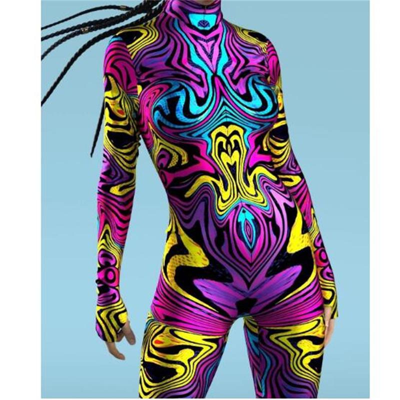 New Halloween Party Abstract Geometry 3D Print Women Sexy Skinny Jumpsuit Carnival Cosplay Costumes Fancy Bodysuit 2024