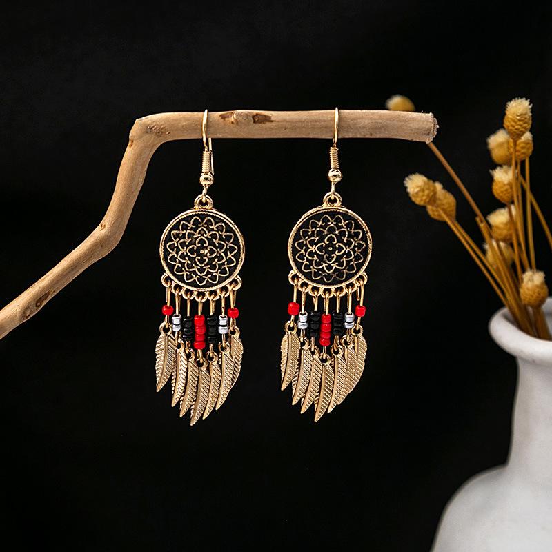 Turquoise Bohemian Owl & Palm Bronze Carved Dreamcatcher Earrings for Women