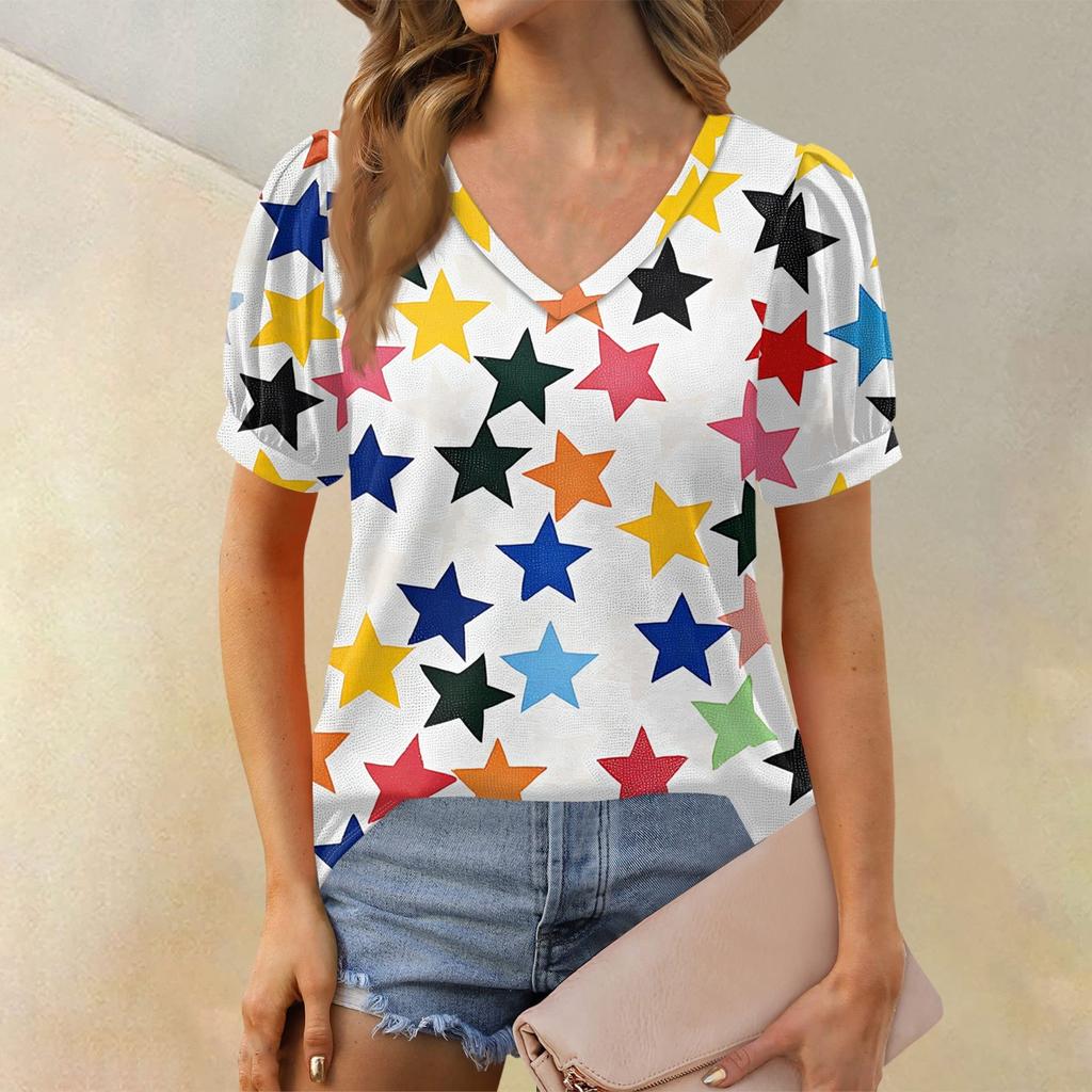 Women's Fashion Independence Day Print Top Puff Short Sleeve V-neck T-shirt Loose Casual T-shirt