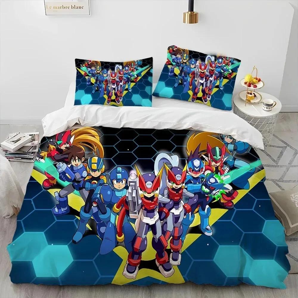 3D Rockman Megaman Spiel Cartoon Bettdecke Bettwäscheset, Bettbezug Bettset Steppdecke Kissenbezug, King Queen Size Bettwäscheset Kind