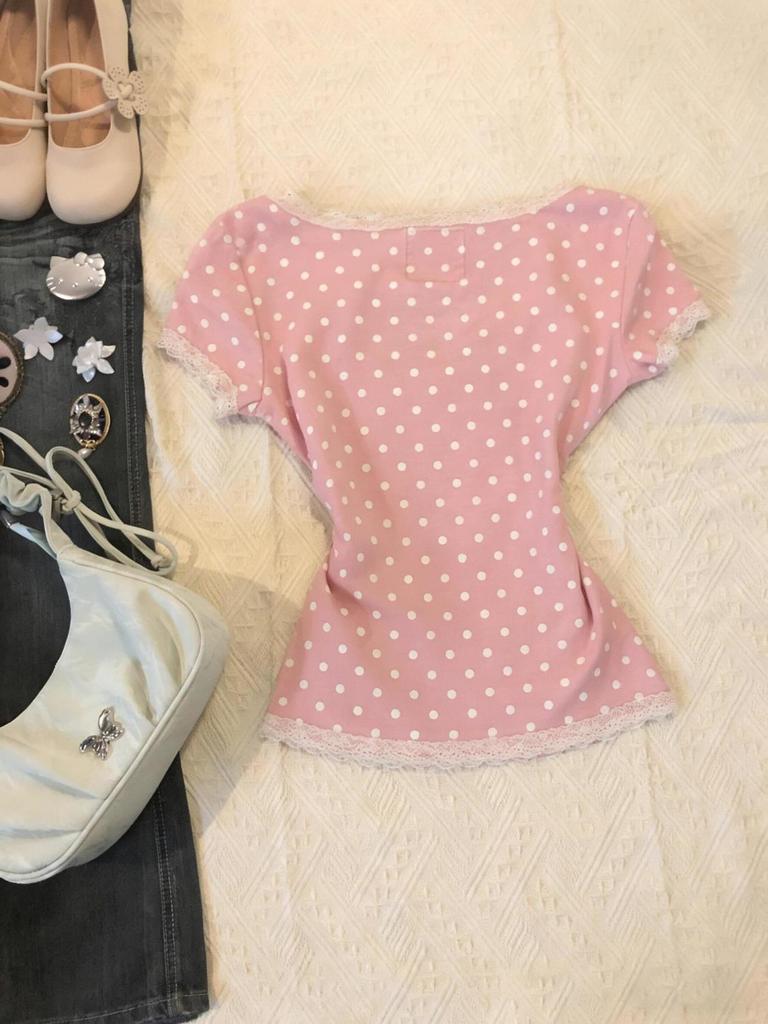 Vintage Rosa Spitzen-Pünktchen Schlankmachendes T-Shirt - Kurzärmelig, Koreanischer Stil