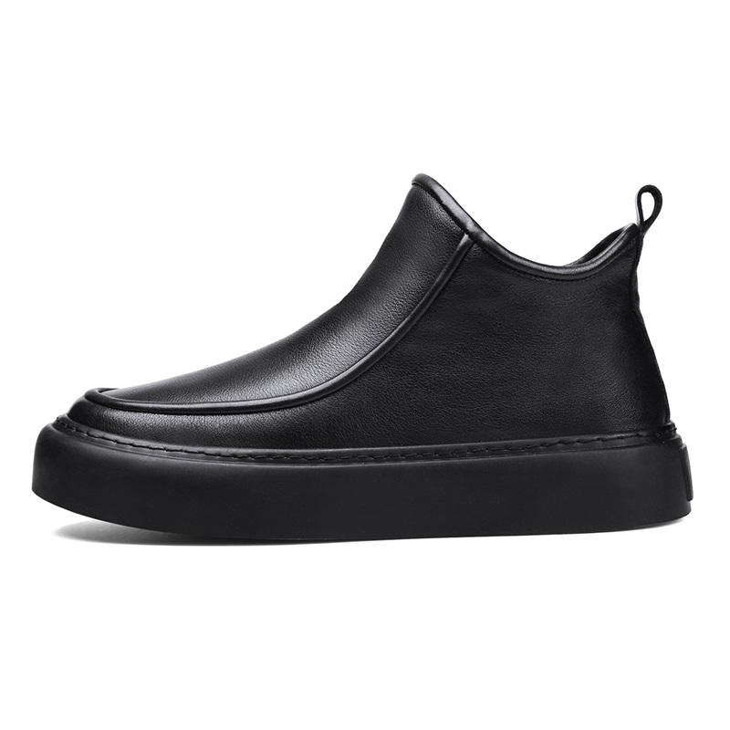 Men's Black Boots Versatile Casual Leather Boots Zipper PU Flat Bottom Casual Walking Shoes Waterproof Men One Foot Shoes