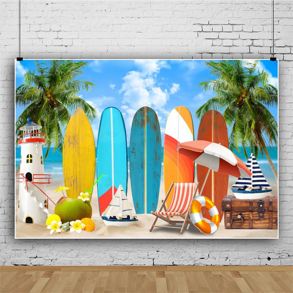Summer Hawaii Beach Backdrop Tropical Flowers Aloha Luau Sea Surfboard Holiday Party Birthday Photography Background Decor Props