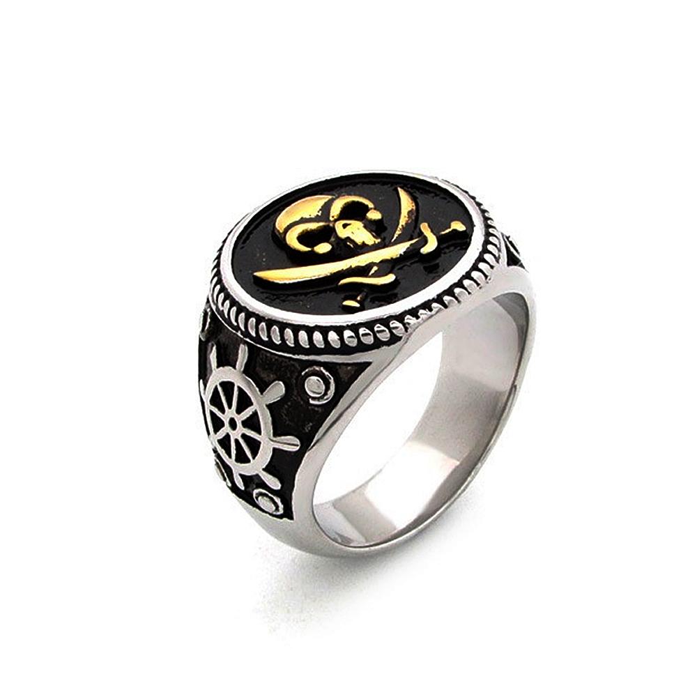 Vintage Men's Pirate Signet Double Knife Skull Ring Golden/Silver Stainless Steel Compass Goth Punk Ring