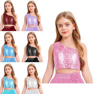 Girls Solid Color Spaghetti Strap Sleeveless Off Shoulder Sparkly Sequin Tops Banquet Wedding Celebration Top