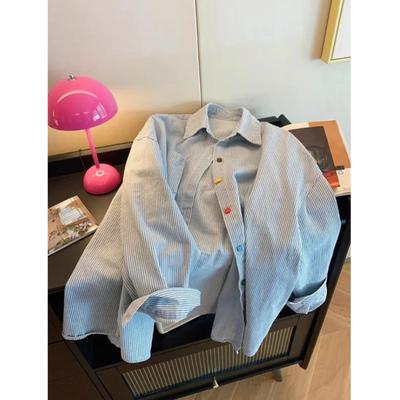 Women's Spring Long Sleeved Vintage Denim Striped Shirt Beautiful Collared Blouses