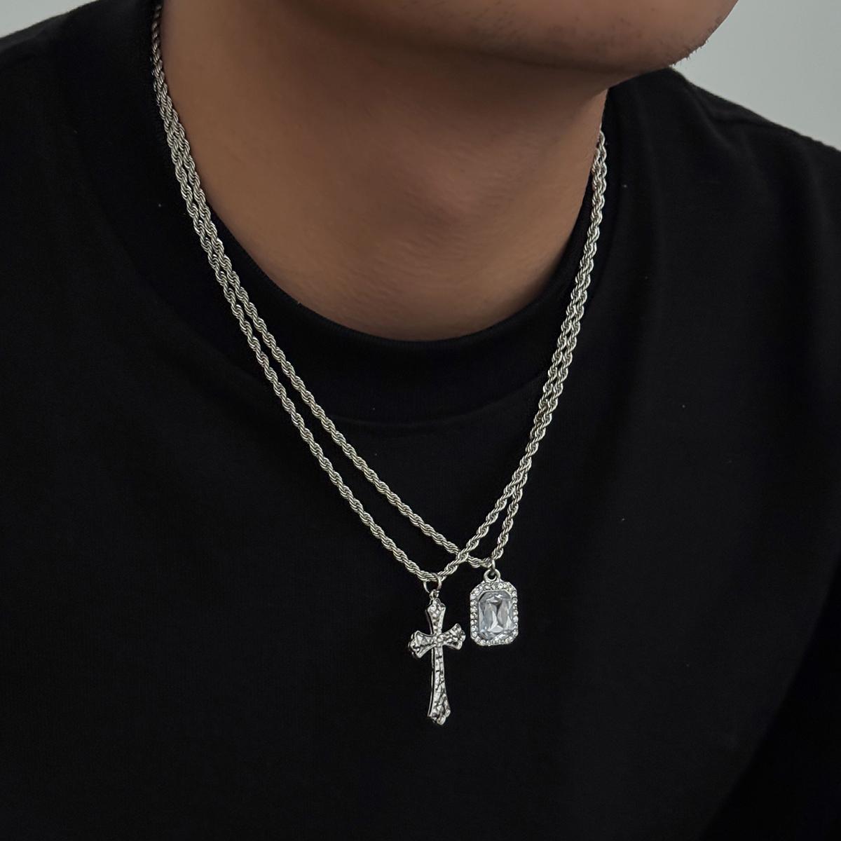 

Ingemark 2Pcs/Set Punk Exquisite Rhinestone Cross Pendant Necklace for Men Trendy Creative Metal Neck Chain Couple Jewelry Gift