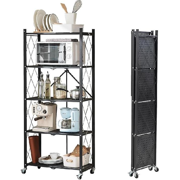 BRIAN & DANY 4-Shelf Foldable Storage Shelves with Wheels, Folding Metal Rack Shelving Unit, Heavy Duty No Assembly Organizer Shelf for Garage,