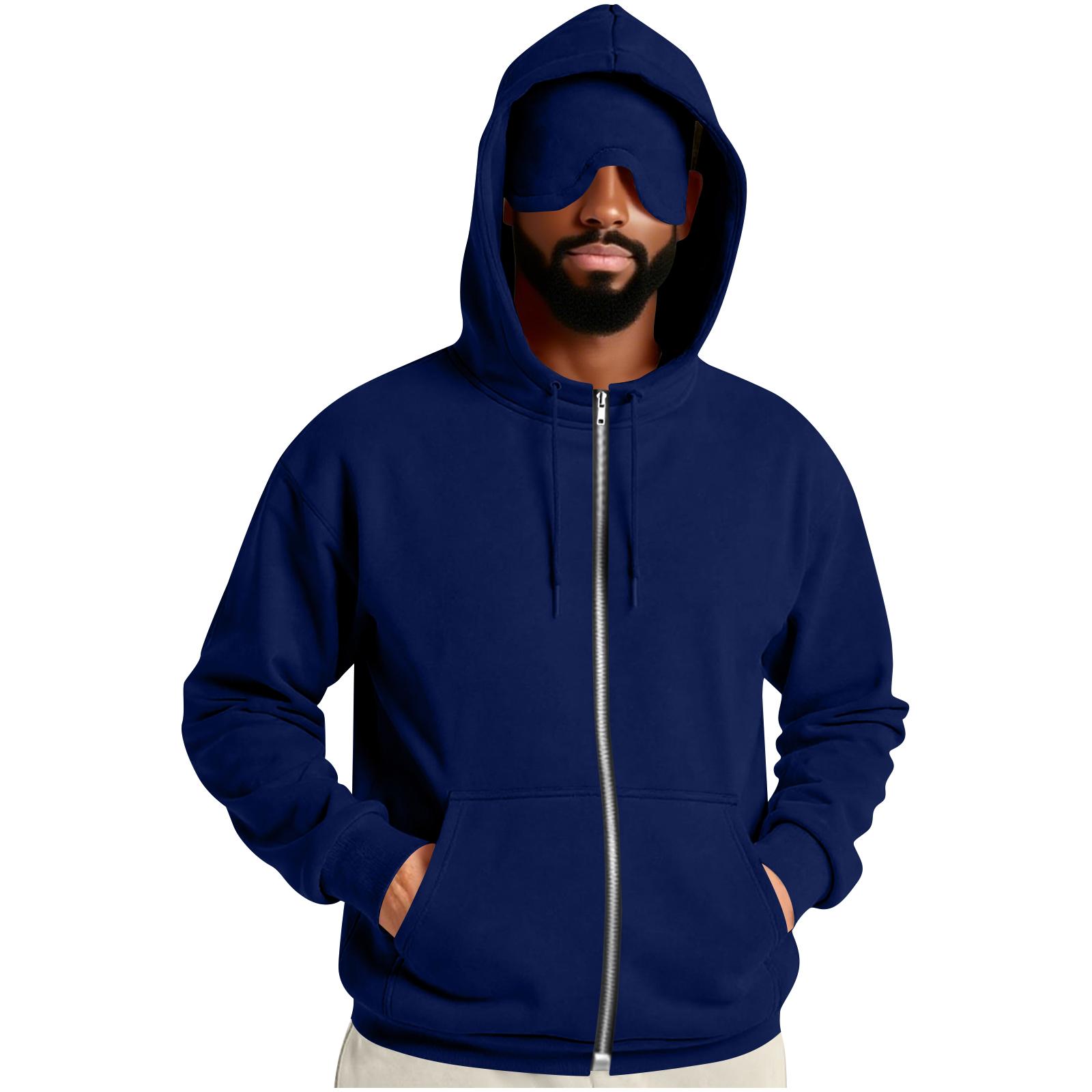 

Men s Solid Color Zipper Eye Mask Pocket Hooded Sweatshirt Jacket M
