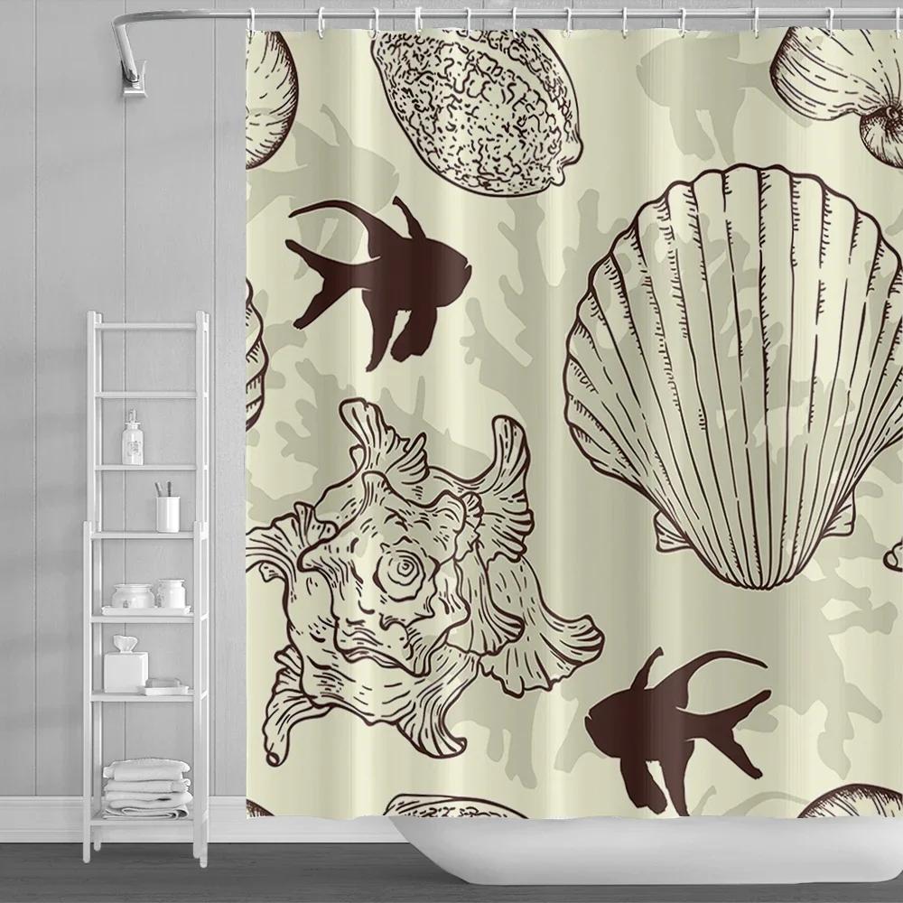 Nautical Coastal Shower Curtain Starfish Coral Seashell Beach Ocean Bathroom Curtain Underwater Marine Waterproof Bath Curtain