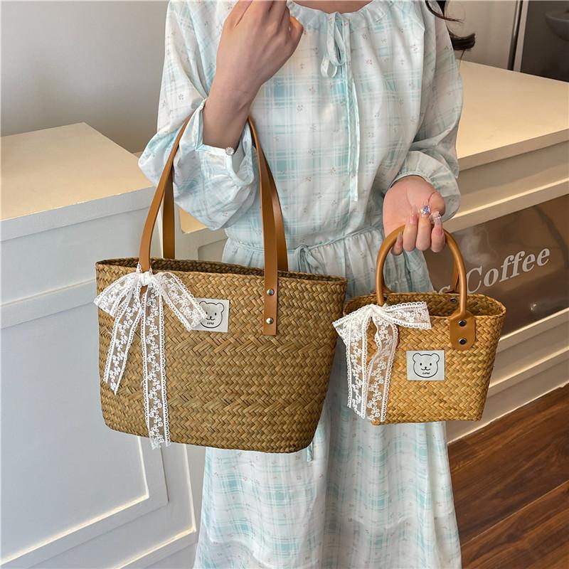 

Hand-woven retro wind bucket bag seaside vacation straw bag women s solid color vegetable basket handbag hand bag small хаки