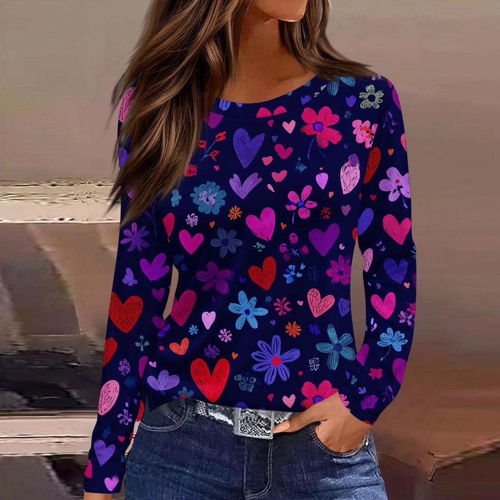 Damen Modisches Langarm-Rundhals-Oberteil mit Schlitzsaum und Valentinstag-Herzprint