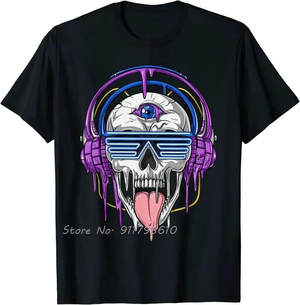 Cotton Tshirt Funny Psychedelic Skull Headphones Psytrance Techno Edm Festival Oversized T-shirt Men Clothing Unisex Tops Tees