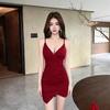 Red Suspender Dress Women's Deep V-pleated Slim-fit Hip Dress Banquet Party Irregular Short Dress