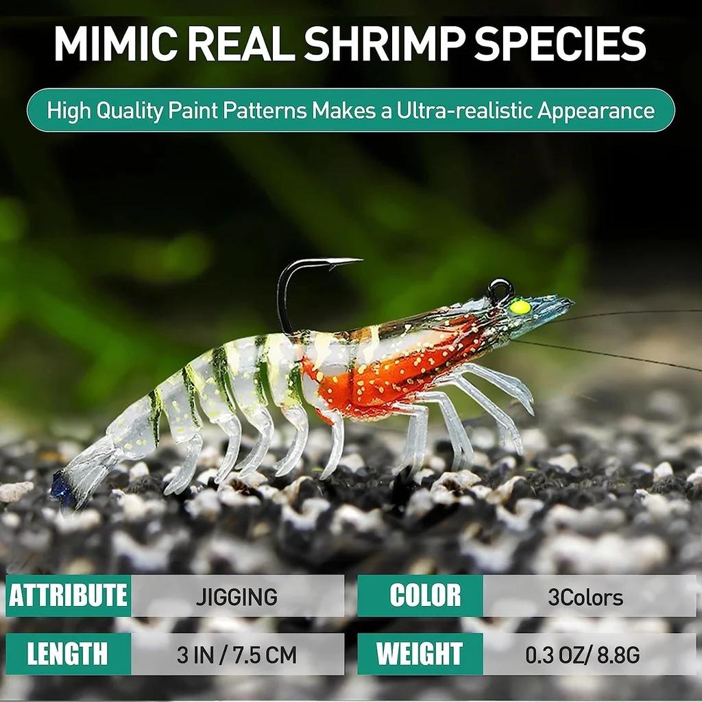 Shrimp 3PCS Soft Silicone Lures Imitation Prawn Fishing Jit Head Hook Bait for Freshwater Saltwater for Bass Jigs Trout Tackle