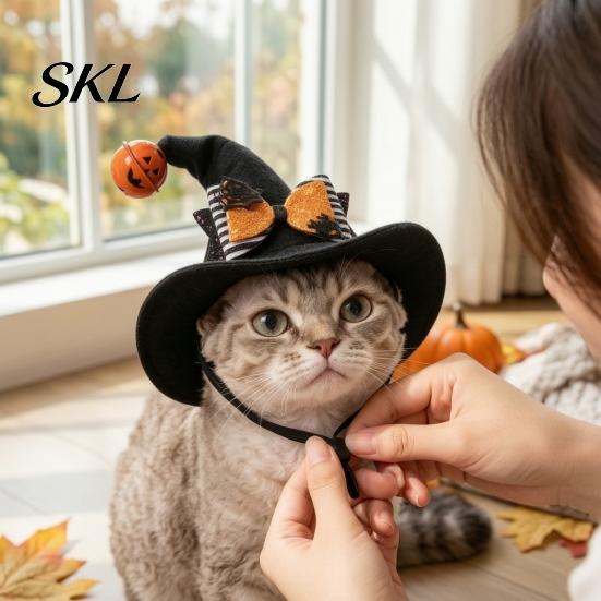 Pet Halloween Hat Cat Wizard Hat, Bent Pointed with Pumpkin Bell, Sequined Bow Festive for Cats Small Dogs Stiff Felt