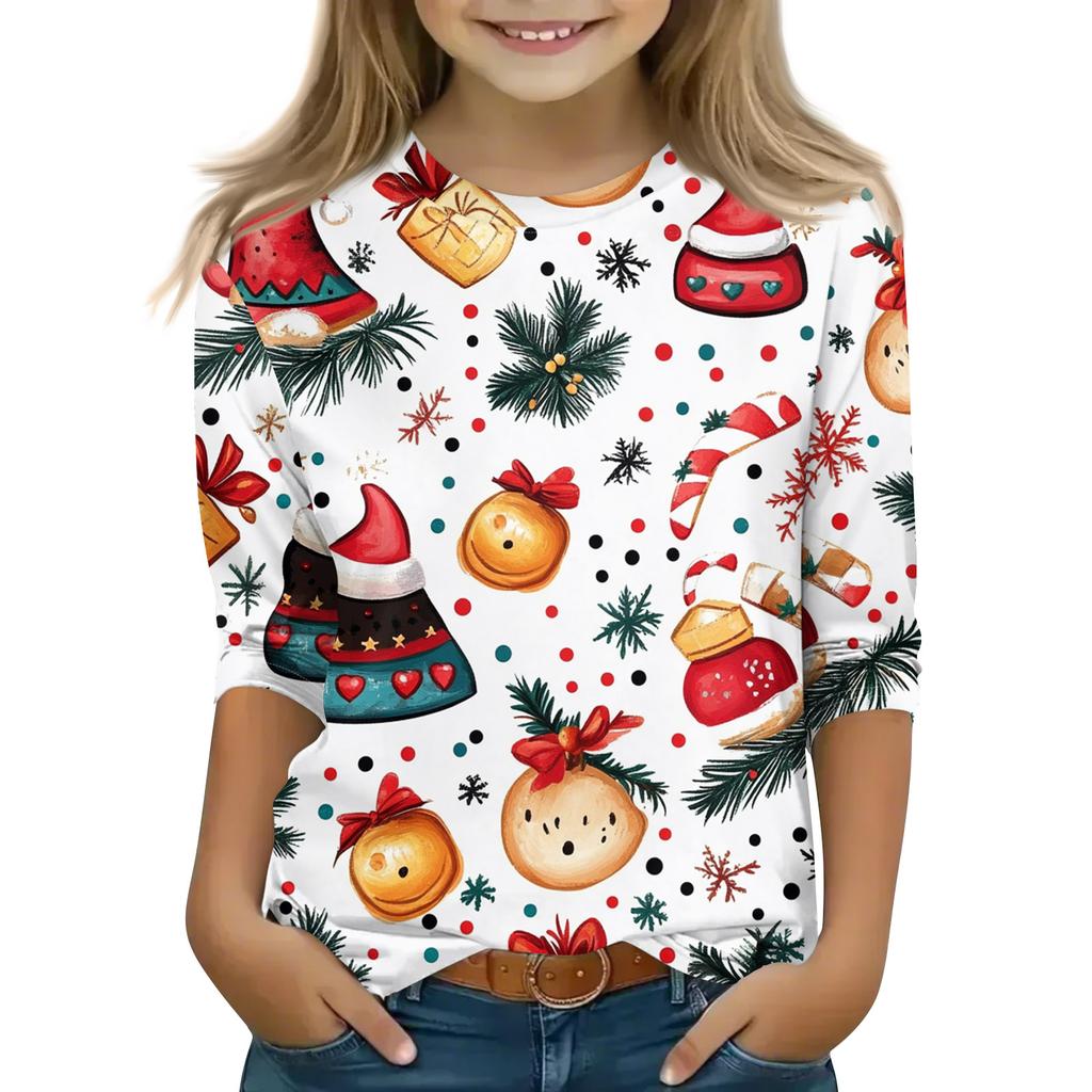 Christmas Day Print Tops For Youth Girls 5-16 Years Round Neck 3/4 Sleeves T-Shirts Trendy Tops Outfit Tees