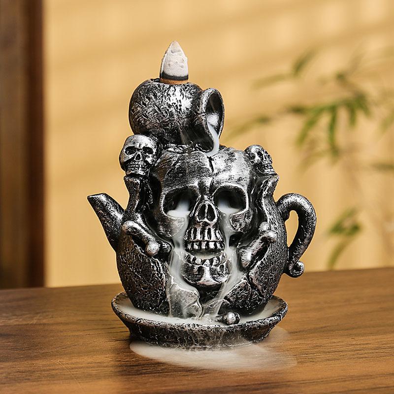 Backflow Resin Skull Incense Burner Halloween Skull Teapot Ornament Waterfall Backflow Incense Burner Home Fragrance Home Decor
