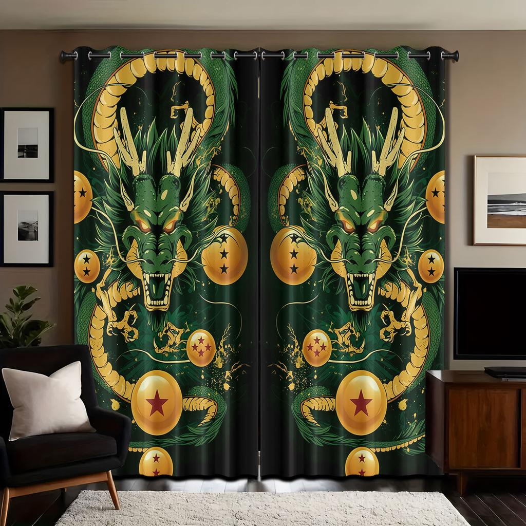 Set Of 2 Cartoon Green Dragon Animal Print Perforated Curtains Available Multiple Sizes Living Room Insulation Decoration Curtain Darkening For