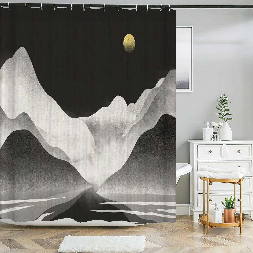 Chinese ink landscape style shower curtain scenic pattern Waterproof Fabric bath curtain washable Bathroom curtains Multi Size