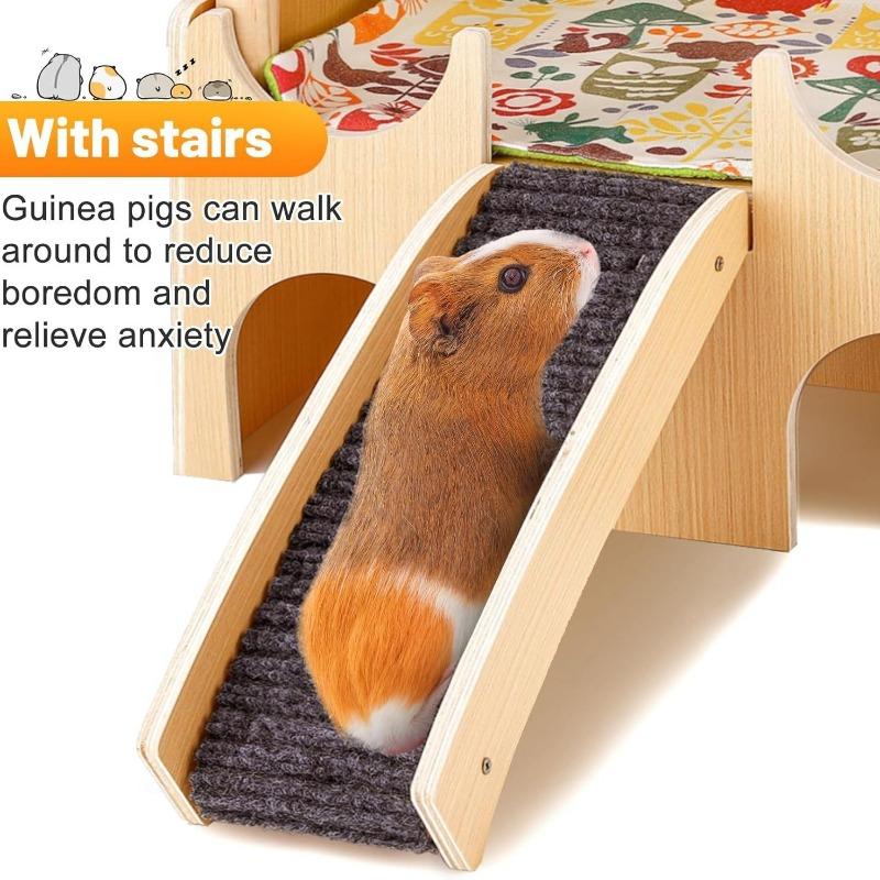 Wooden Guinea Pig Hides in The Hamster Cage Interior Landscaping Platform and Double Layer Decorative Hamster Ladder Pet Nest