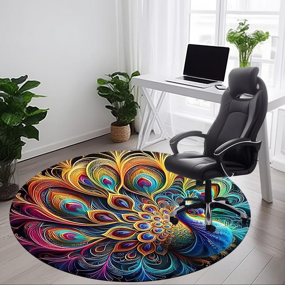 1pc Peacock Feather Mandala Office Round Area Rug, Under Office Chairs Bedroom Living Room Home Decor, Room Deco