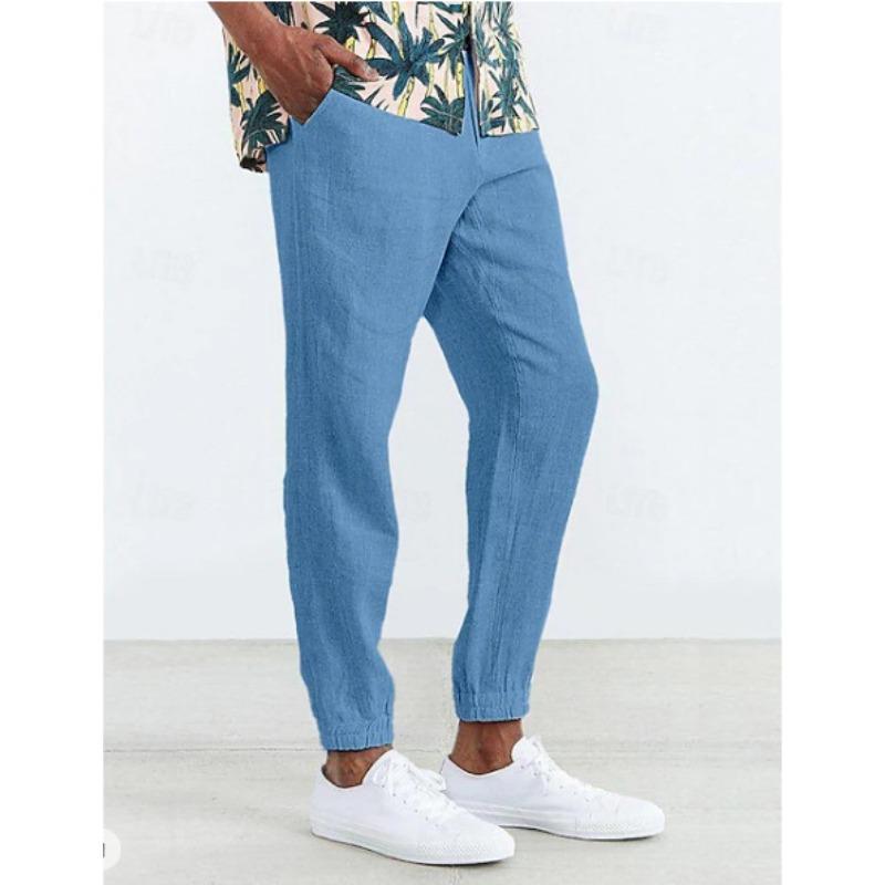 Men Casual Linen Pants Elastic Waist Drawstring Jogger Trousers Loose Fit Daily Outdoor Streetwear Long Pants