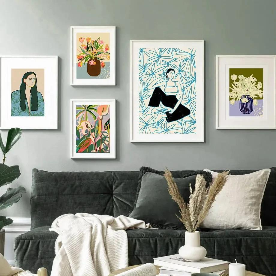 Abstract Peace Lily Calm Woman Portrait Vase On Chair Boho  Canvas PaintingPoster Wall Art Print Pictures For Living Room Decor