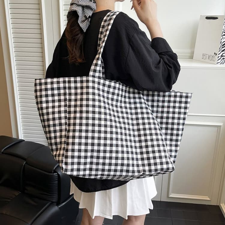 Contrast Color Plaid Shoulder Bag Large Capacity Tote Bag