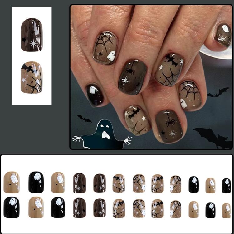 Halloween Nail Art Set 24PCS Cobweb Details And Shimmering Bat Motifs Press On Short Nails