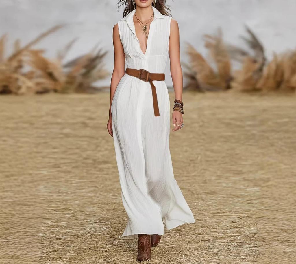 Summer femininity elegant solid color fashion sleeveless waist women's medium and long dress