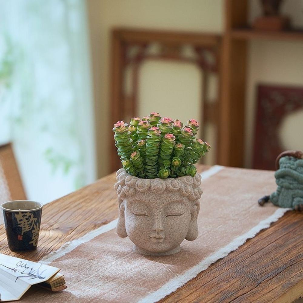 Resin Buddha Head Flower Pot Desktop Ornament Planter Statue Style Succulent Planter Modern with Drainage Hole Plant Container