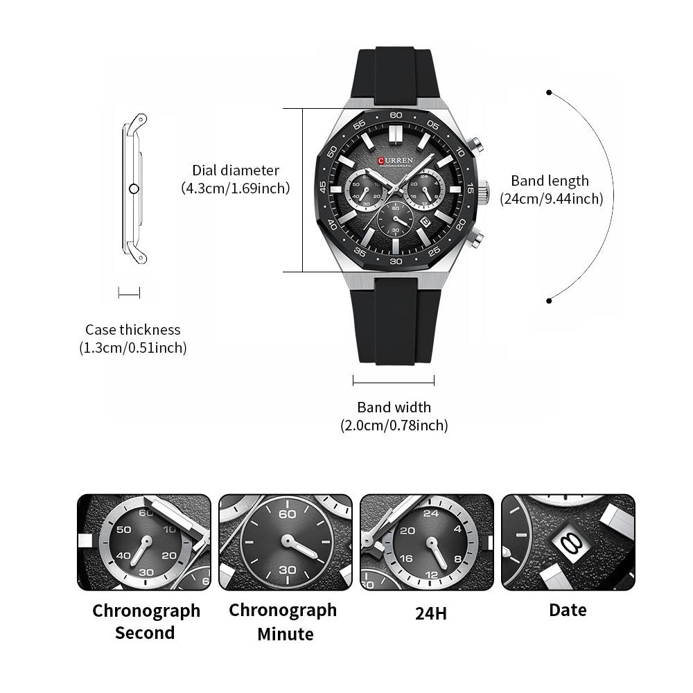 CURREN Men's Sports Chronograph Wristwatch with Black Silicone Band Auto Date Luminous Hands Quartz Watch for Men