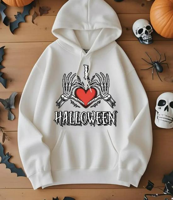 2025 European Fashion Skull & Heart Print Women's Halloween Hoodie with Pocket