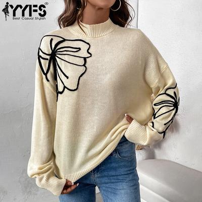 Damenmode, lässig, Herbst/Winter, Blumenmuster, bedruckt, lange Ärmel, halber Rollkragenpullover