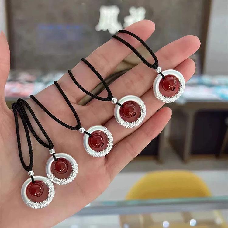 Auspicious Red Bean Cloud Peace Buckle Sterling Silver Necklace - Gift Jewelry
