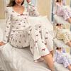 Women's European Style Bowknot Pajama Set - Long Sleeve Top & Elastic Long Pants, Printed, Casual, and Sexy for Indoors or Outdoors.