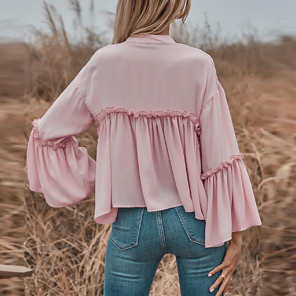Womens Fashion Casual Solid Color V-Neck Flared Sleeve Chiffon Top