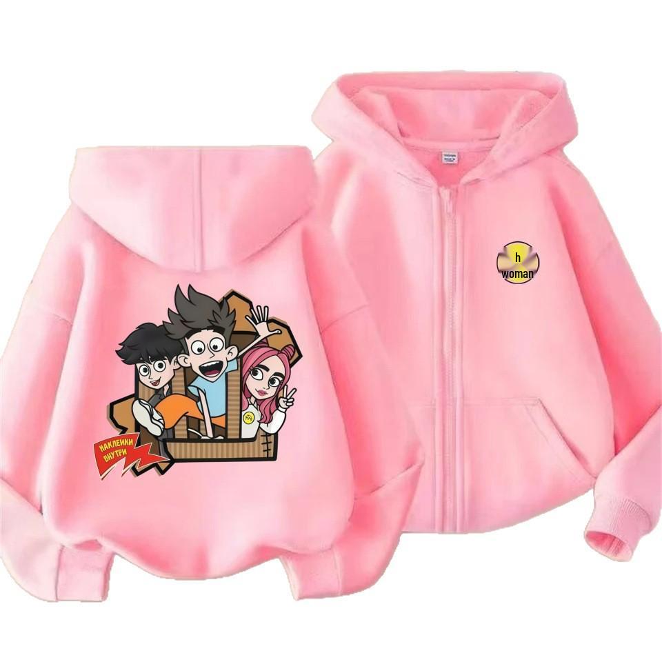 A4 Cartoon Trio Hooded Cardigan for Kids, Double-Sided Print Loose Casual Sweatshirt, Spring/Autumn.