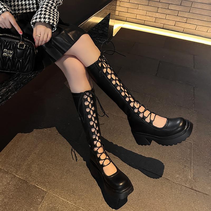 

Designer Summer Cool Boots Knee High Boots Breathable Hollow Out Mesh Boots Lace Up Platform Booties Women Knight Botas 35 чёрный