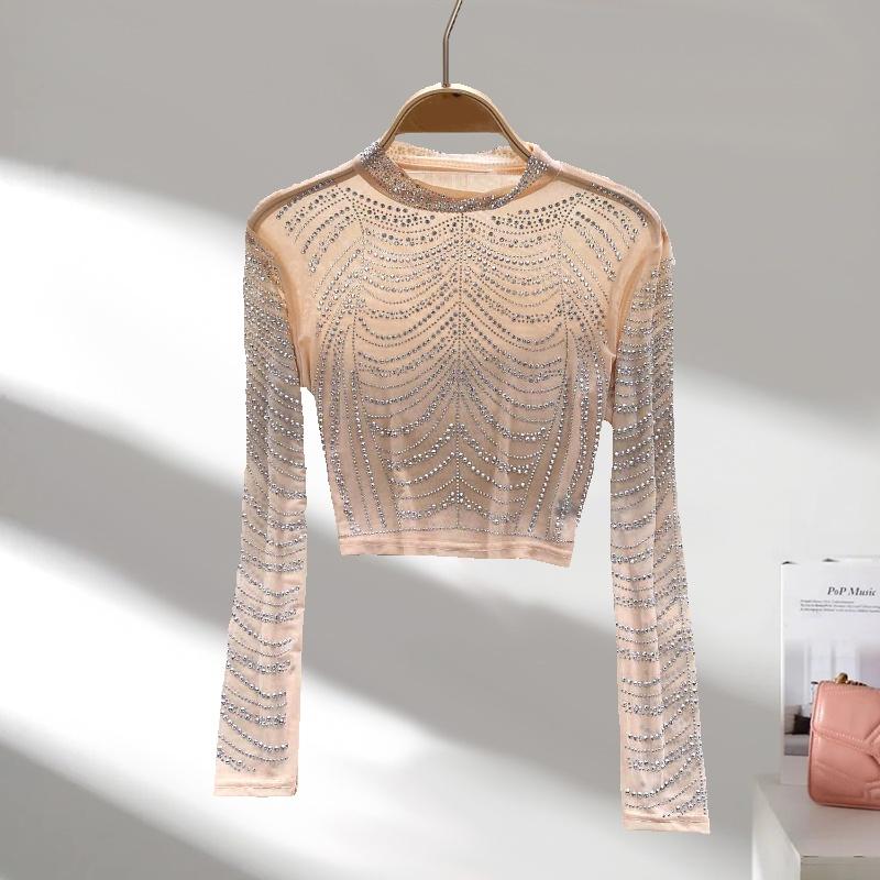 

Модная женская футболка с длинными рукавами, новая прозрачная сексуальная сетчатая короткая футболка, женская облегающая тонкая элегантная повседневная простая футболка с круглым вырезом 3518 L абрикосовый