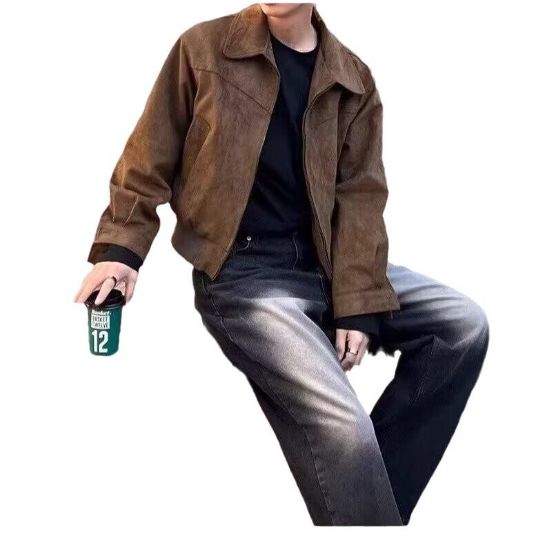 Korean Men's Suede Lapel Zipper Jacket - Autumn/Winter Hong Kong Style Trend