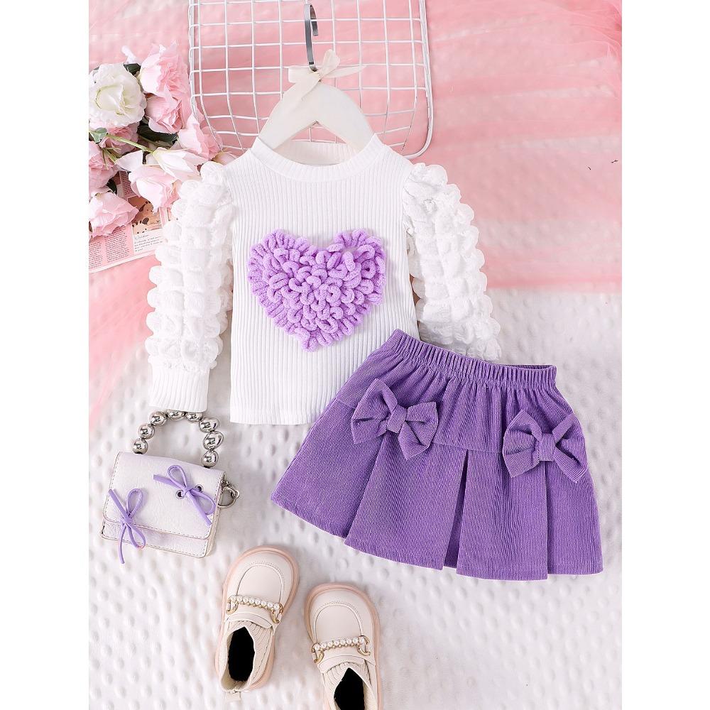 Children's Sweet Suit Spring and Autumn Girls Bubble Sleeve Love Top + Bow Skirt 2pcs Kids 6M-3Y Clothing