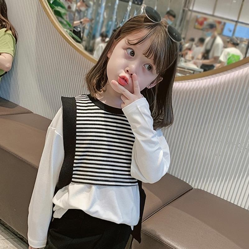 

Футболка с длинными рукавами для девочек, повседневный топ, трикотажный топ в полоску с вышивкой 15