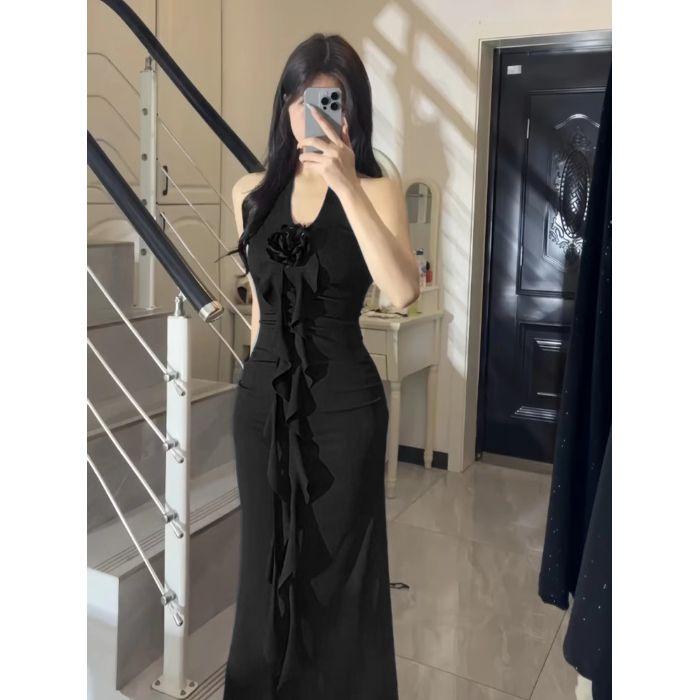 

French summer temperament new celebrity red flower thin dress slim dress waist skirt women 2XL чорний