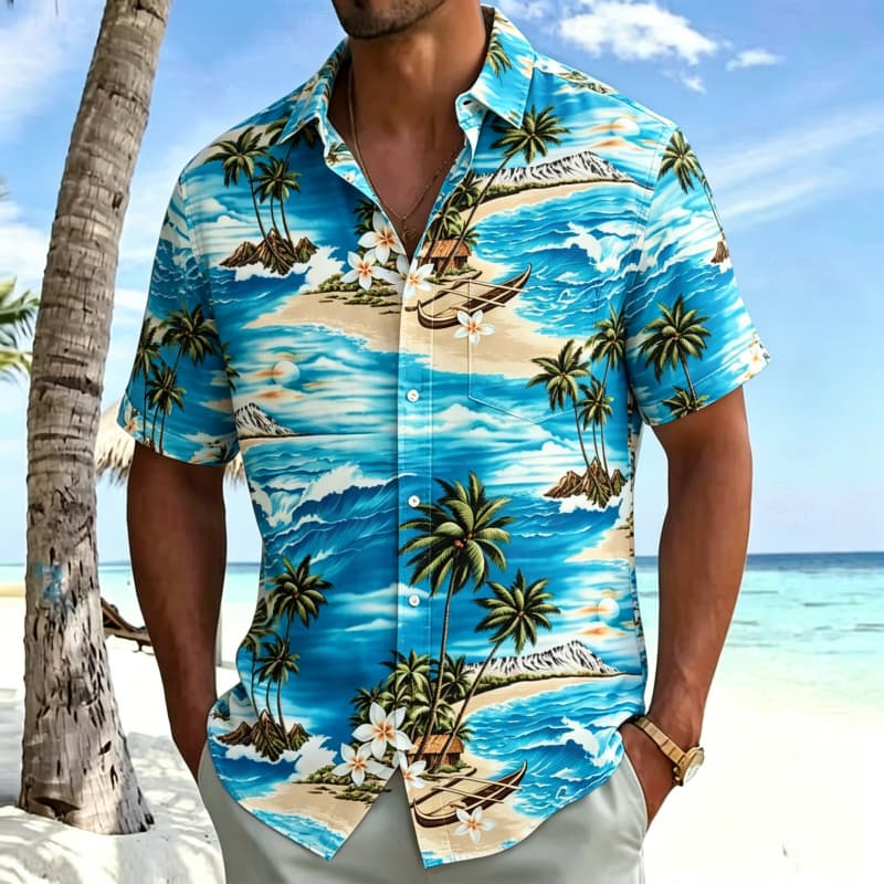 Men's Classic Vacation Style Printed Shirt, Short Sleeved Shirt With Pockets, Holiday Beach Vacation Personalized Top